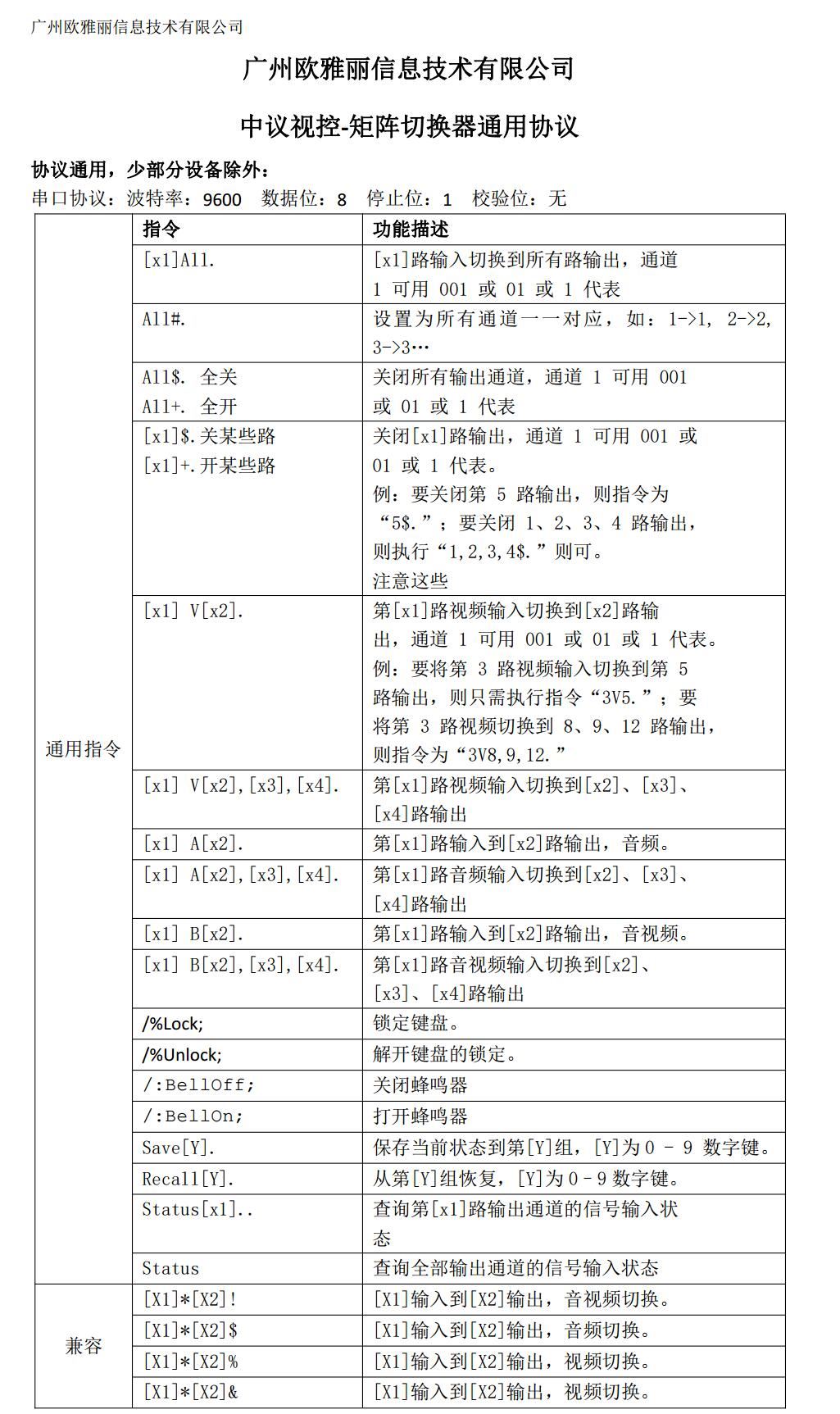 矩阵切换器通用协议